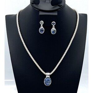 Vintage Roman Jewelry Set Blue Sodalite Necklace Earrings 18" Silver Tone